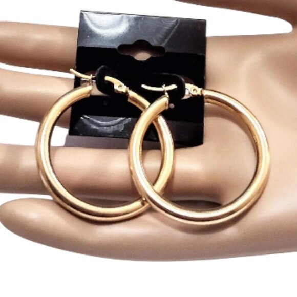 1 1/2" Wide Tube Hoop Pierced Post Stud Earrings Gold Tone 39mm Thick 4mm Band - Picture 4 of 4